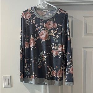 12 Pm By Mon Ami Floral Long Sleeve Top - Dark Gray and Pink